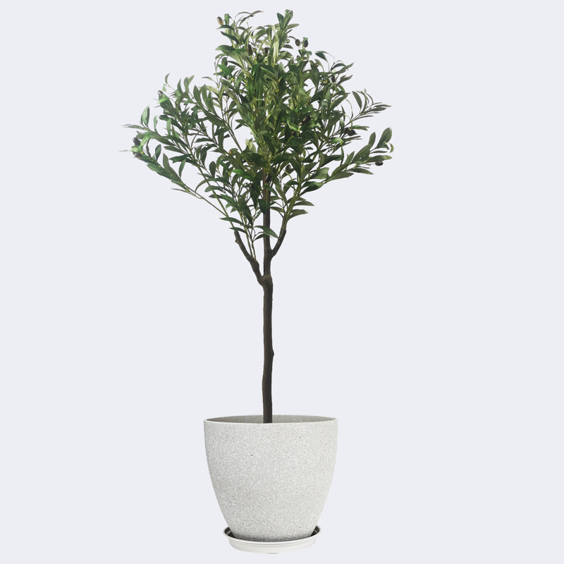 Pots ronds en résine d'olivier artificiel de type A avec plateau, Gris clair, H 19,69 po x l 70,87 po x P 19,69 po