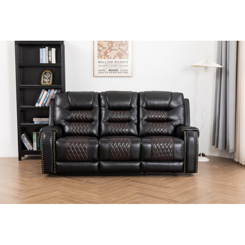 Ilyia Vegan Leather Livingroom Reclining Sofa, Black/Brown Faux Leather