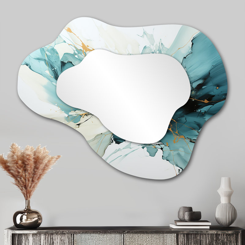 Miroir à encre liquide vert et gris III - Art abstrait en métal - Miroir mural moderne et irrégulier, 27 po x 35 po