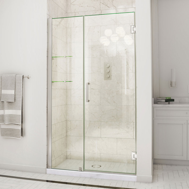 DreamLine Unidoor 44 - 45 inch W x 72 inch H Frameless Hinged Shower Door with Shelves in Brushed Nickel, Brushed Nickel, 45"