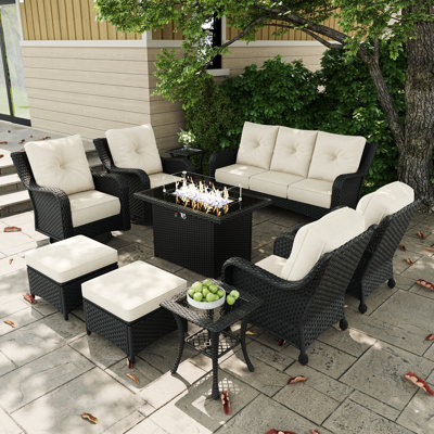Ensemble de mobilier de patio 10 pièces avec table de foyer, ensemble de conversation d'extérieur en osier avec chaise berçante pivotante et coussins épais de 6 pouces