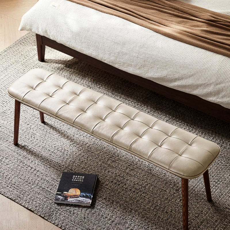 Solid Oak Wood Dining Bench Upholstered In Leather, Imported First Layer Cowhide, Soft Sponge Filling, Multifunctional For Home, 12" Wide, 17.5" High, Easy Assembly Oval - Shaped Chair Bench, Leather