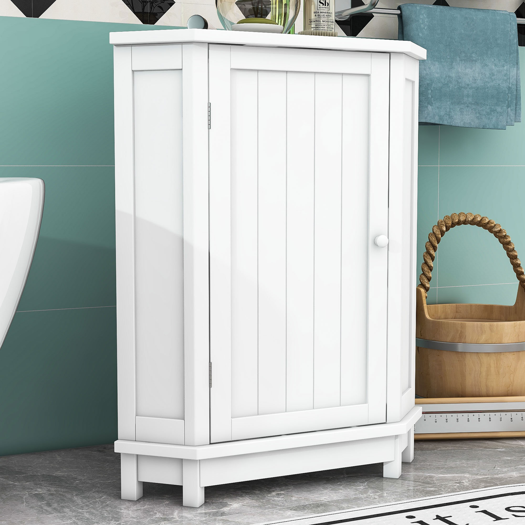 Rebrilliant Miquela Wood Triangle Corner Bathroom Cabinet with Adjustable Shelves | Wayfair