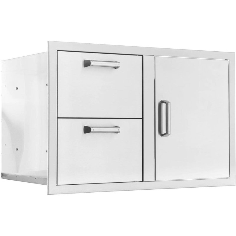 Mont Alpi Signature 260 Series 30"W x 23"H Commercial Grade 304 Stainless Steel Outdoor Kitchen Island BBQ Grill Magnetic Single Access Door and Double Drawer Combo with Traditional and Contemporary Style Handle Sets - Made in USA - Lifetime Warranty