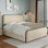 Base de lit grand moderne beige avec tête de lit tapissier, 4 tiroirs inférieurs, extrémités en lattes de métal massif