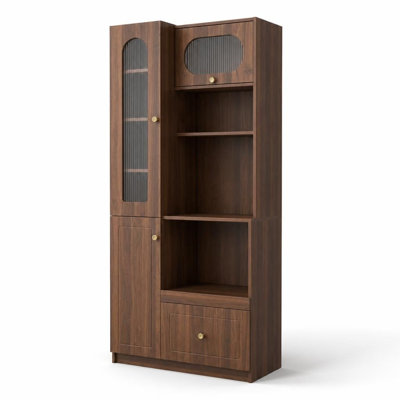 Freestanding Kitchen Pantry Cabinet with Multi-Functional Pull-Out Multi-Tier Storage Shelf, 3-Door Farmhouse Storage Cabinet with Drawers and Expanda