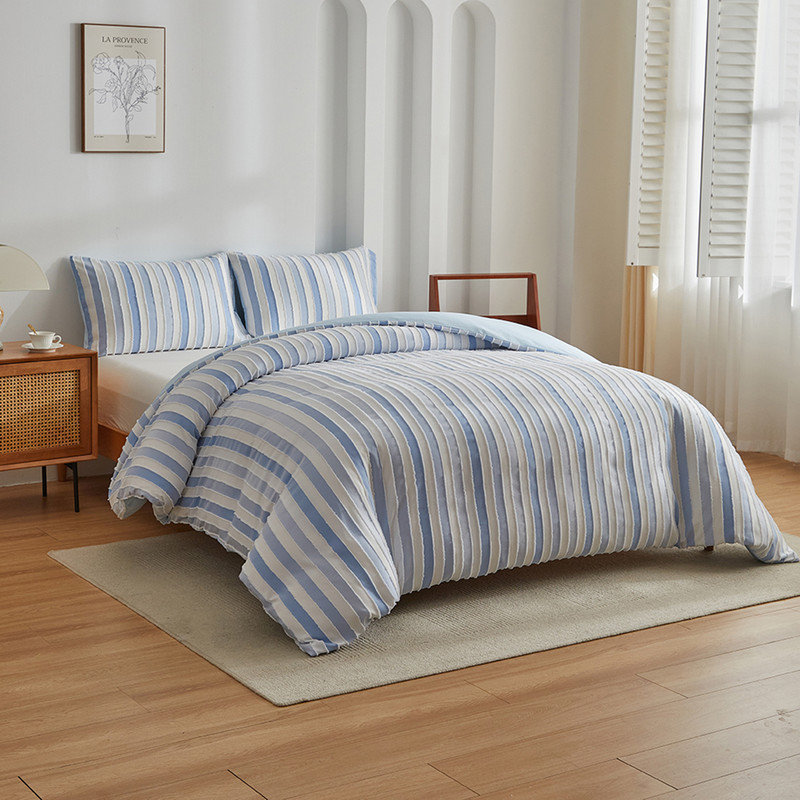 DONEUS Tufted Strip Duvet Cover Set Boho Textured Bedding Set, Queen Duvet Cover + 2 Pillowcases, White Strip/Blue