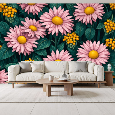 Peel and Stick Wallpaper Pink Daisy Flowers Green Leaves Yellow Accents Spring Decor Wall Murals 69"H x 96"W Removable PVC Wall Paper Self-Adhesive Wall Paintings Art Decor for Bedroom Living Room