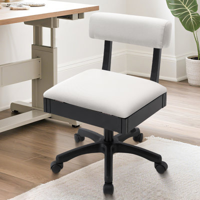 Chaise à coudre avec roulettes, dossier réglable à hauteur réglable et rangement sous le siège, chaise roulante - Fauteuil mécanique sans accoudoirs pour l'artisanat, courtepointe, artistes, beige