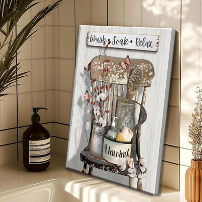 Farmhouse Bathroom Wall Art Rustic Cotton Flower Bathroom Canvas Wall Decor Relax Soak Unwind Sign Painting Print Vintage Country Toilet Still Life Picture Framed 12x16in