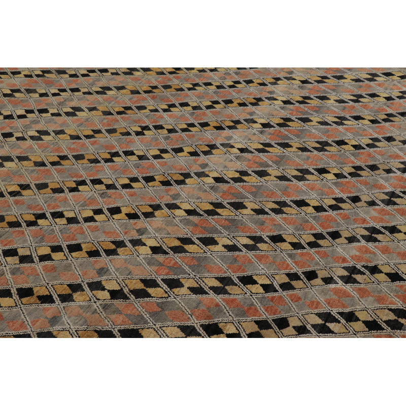 Rug & Kilim’S Modern Rug In Black, Charcoal And Gold Diamond Geometric Pattern