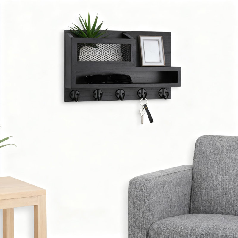 Porte-clés mural et boîte aux lettres avec boîte de rangement et 5 crochets pour l'organisation du vestibule, la décoration intérieure et les articles essentiels du quotidien