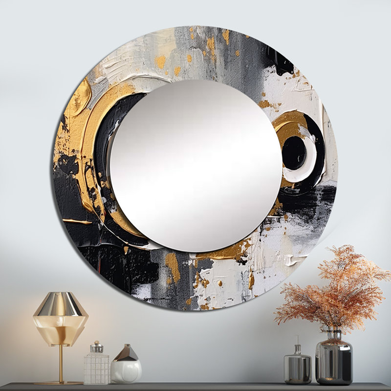 Gold Black Multifaceted Whirls - Cubism Decorative Wall Mirror, Modern Round Mirror, Printed Metal Art, 36" x 36"