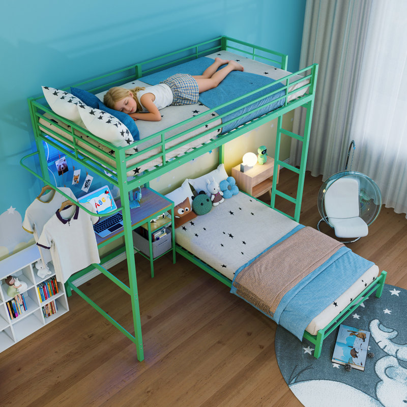 Bunk Bed Twin Over Twin Size With Desk Station L-Shaped Metal Bunk Bed Storage Shelves And Drawers Loft Beds With Safety Guardrail And Ladder For Teen,Green