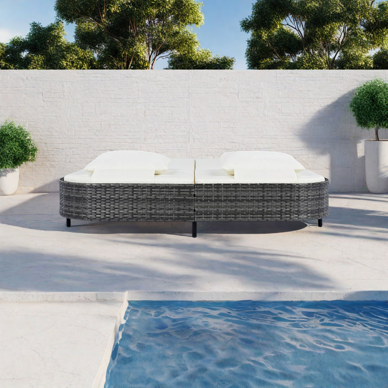 Outdoor Patio Rattan Double Daybed With Adjustable 5-Position Backrest, All-Weather Cushions & Pillows, Heavy-Duty Metal Frame For Garden, Poolside, Backyard