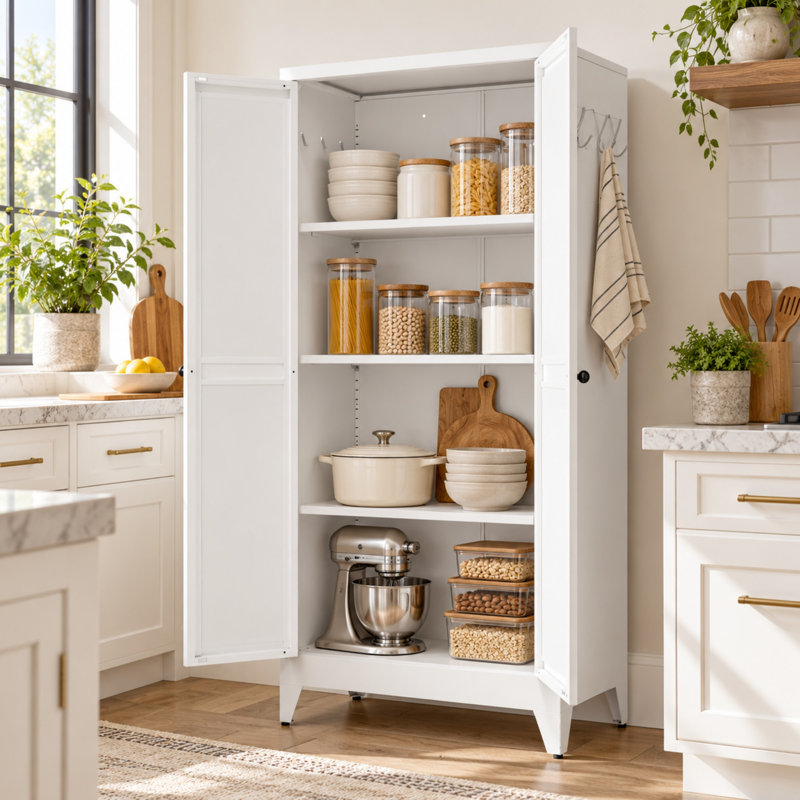 Armoire de cuisine en métal de 61 pouces avec 3 tablettes ajustables