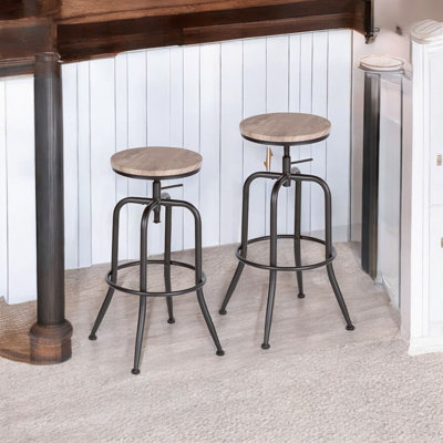 Set of Two Walnut and Black Iron and Wood Backless Adjustable Height Swivel Bar Chairs