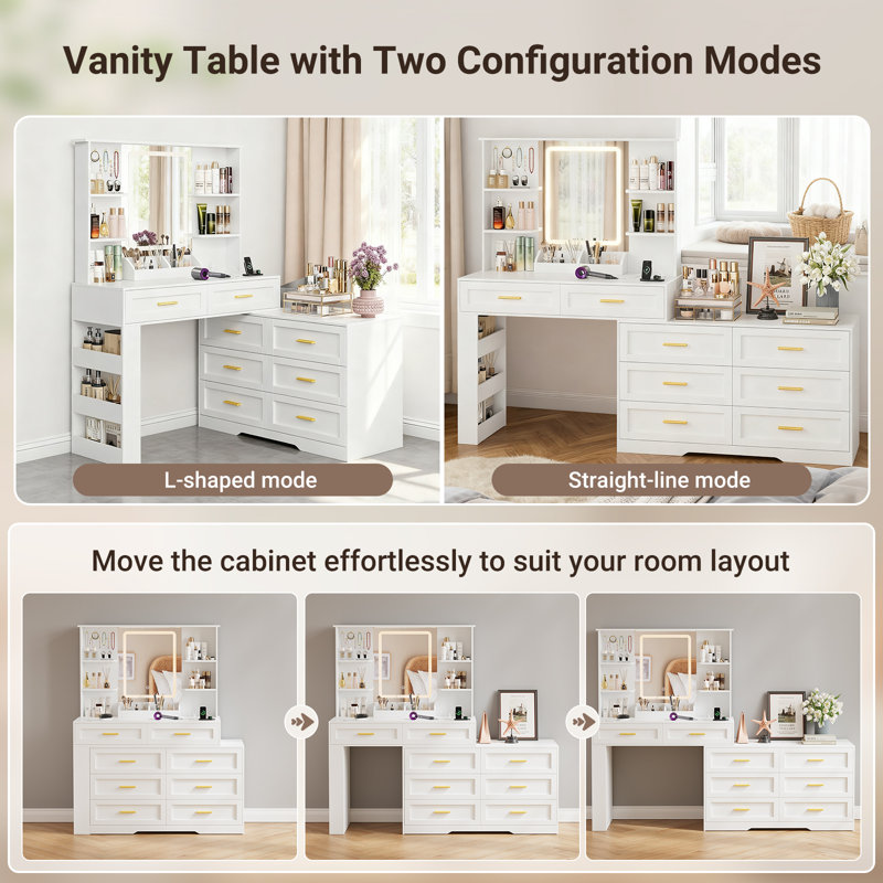 81"W Large Makeup Vanity with Adjustable LED Lighting and Charge Station, White