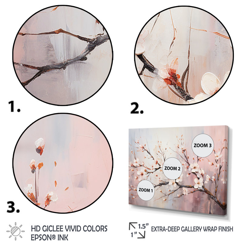 Cerisier rose et blanc 2 - Art mural cerise, Cadre flottant doré, H 12 po x l 20 po x P 1 po