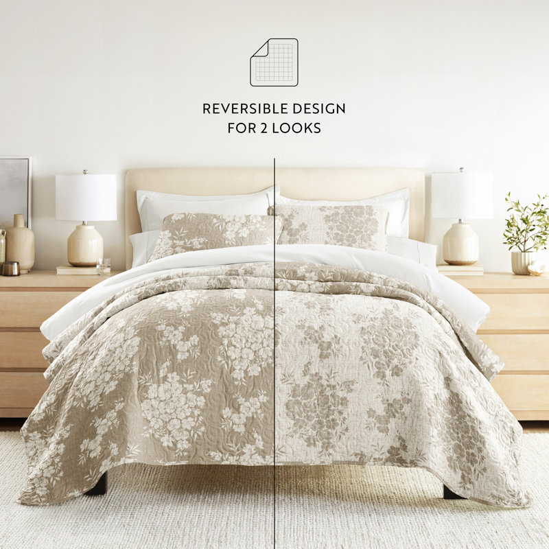 Quilt Set- Lightweight - All Season Quilted Coverlet - Distressed Bouquet, Twin Quilt + 1 Standard Sham , Taupe
