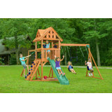 Mountain View Lodge Playset W/ Wooden Roof & Green Slide Swing Set