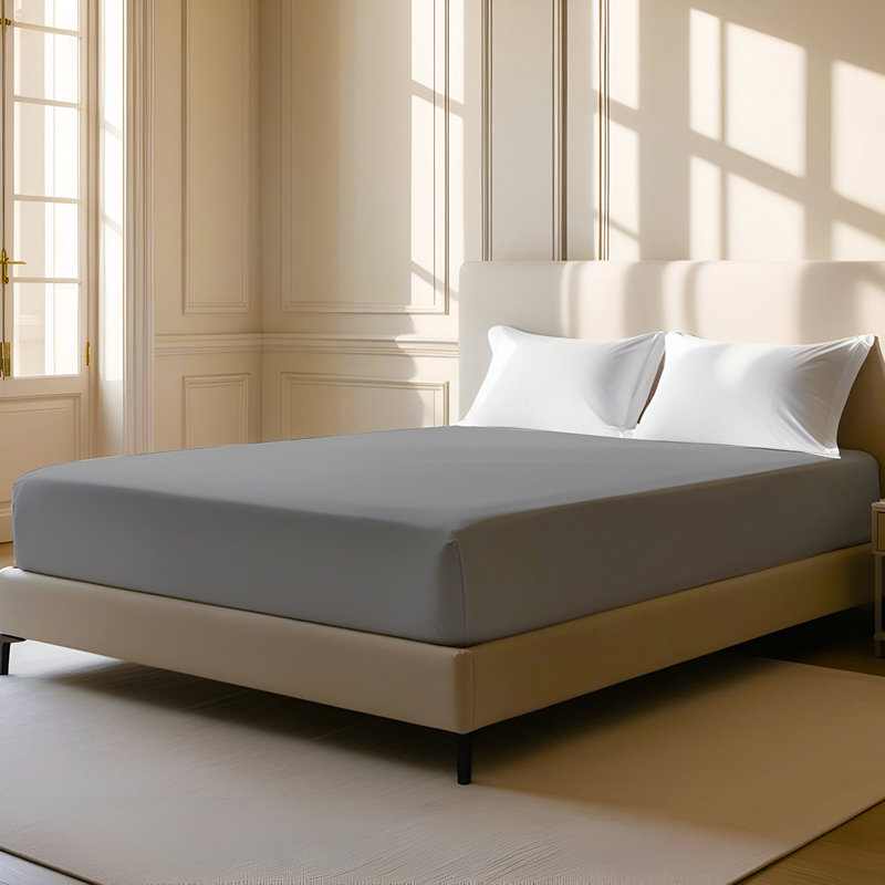 400TC Sateen Solid Cotton Fitted Sheet Fits Upto 8" Deep Pocket, Light Grey, King Fitted Sheet