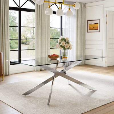 78.7" Modern Dining Table Set For 8, 12Mm Tempered Glass Table With 8 Faux Leather Upholstered Chairs, Stainless Steel Cross Legs