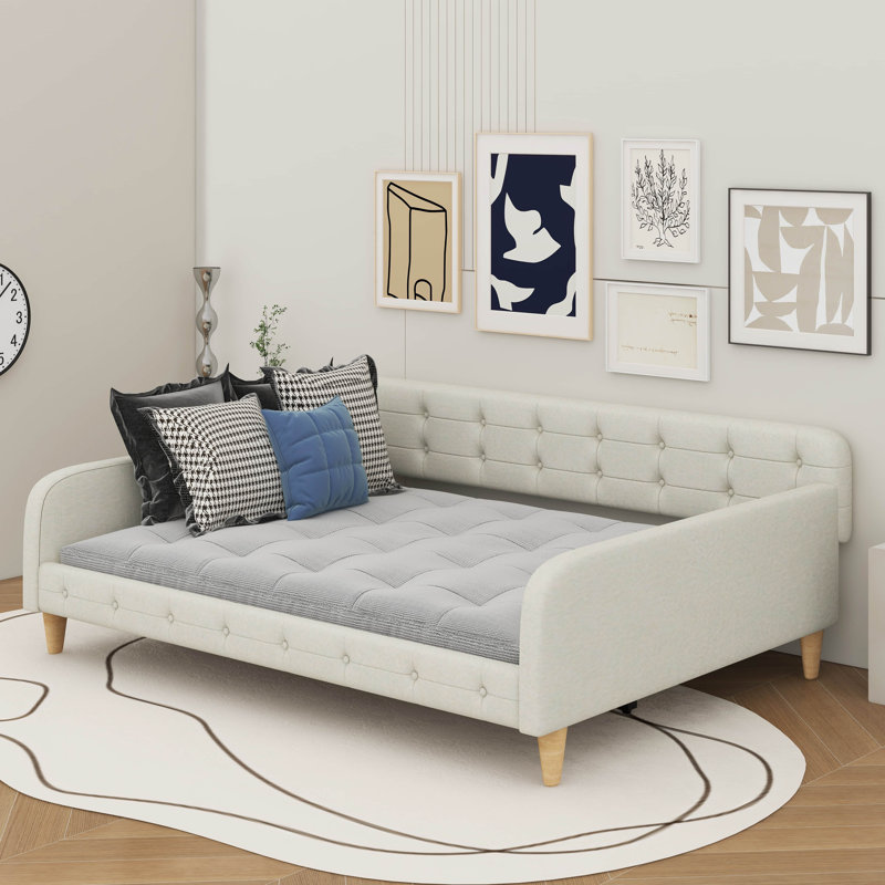 Queen Size Upholstered Daybed With 4 Support Legs, Beige