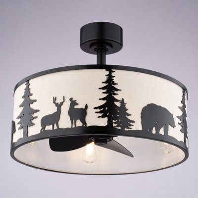 Forough 20-In W Bronze Rustic Wildlife Drum Ceiling Fandelier With Light Kit And Remote