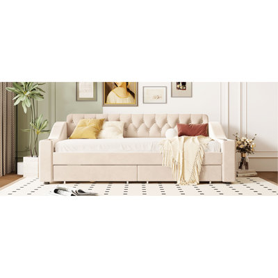 Lit de jour simple rembourré beige avec rangement pour accoudoirs et connexion
