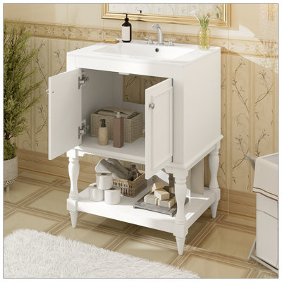 24 Inch Modern Luxury Bathroom Vanity With Ceramic Sink, Bathroom Cabinet With Open Shelf And Closed Storage