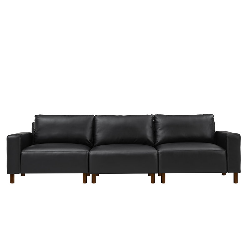 112'' Wide Faux Leather Square Arm Sofa, Black