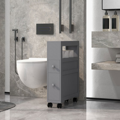 HOMCOM 6.25" X 20.5" X 28.25" Wood Rolling Narrow Bathroom Side Storage Cabinet - Gray