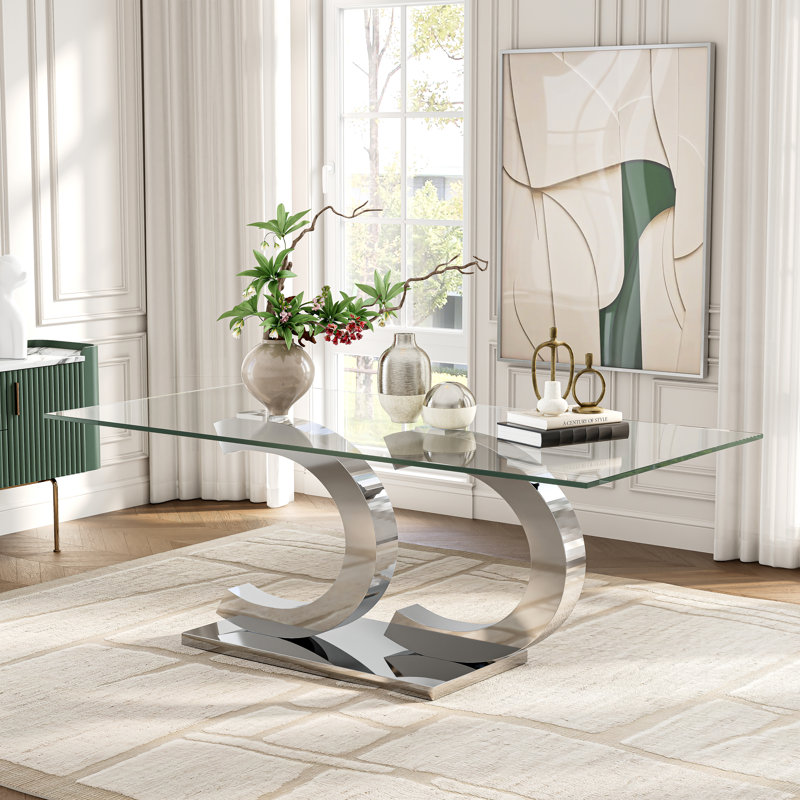 Modern Rectangular Dining Table, 78.7"  Tempered Glass Top and 360° Rotatable Stainless Steel Double "C" Base, Silver