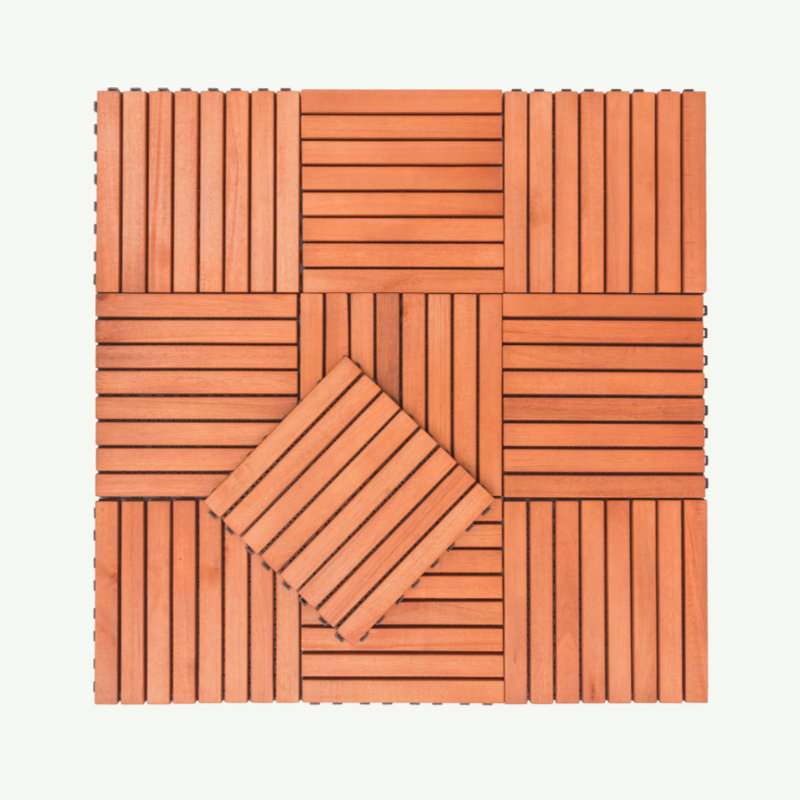 Carreau de terrasse en bois brun rougeâtre à 8 lattes Kaia (ensemble de 10 tuiles)