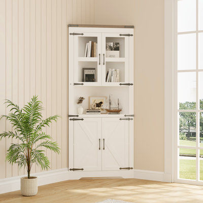 Tall Corner Storage Cabinet with Glass Doors – Freestanding Farmhouse Hutch, Adjustable Shelves