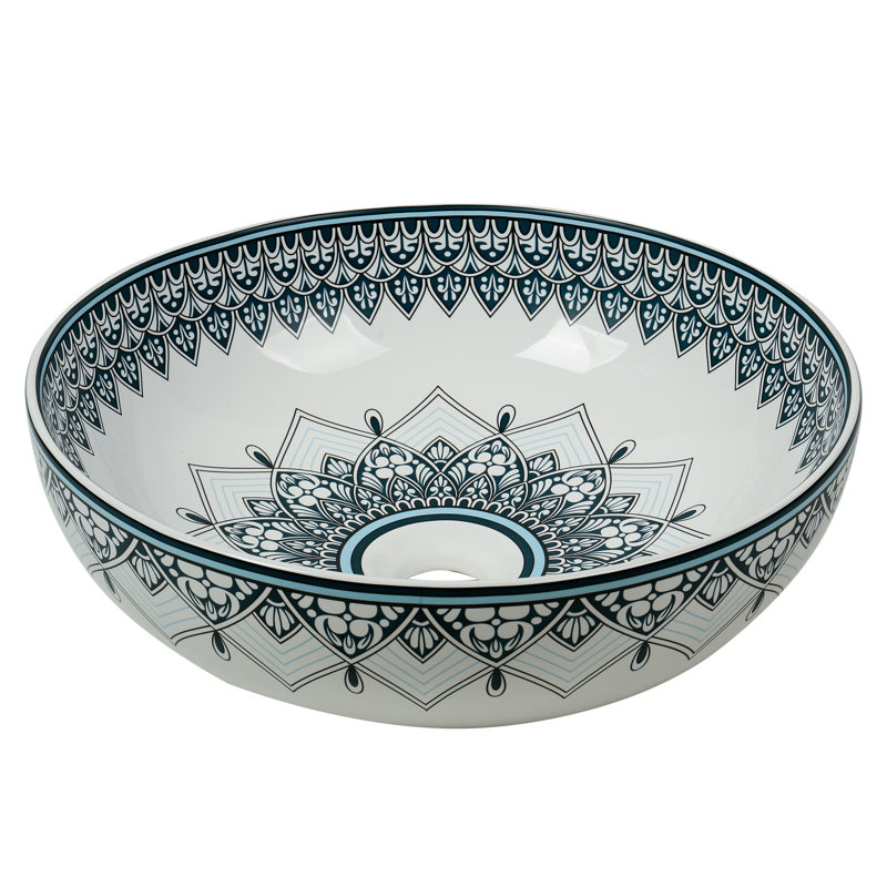 Lavabo vasque rond en céramique artistique 16 po - Lavabo brillant au-dessus du comptoir avec motif imprimé inspiré de la main