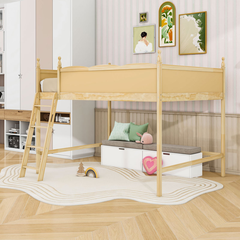 Lit mezzanine en bois avec garde-corps de sécurité et amplement d'espace sous le lit, Lit double, Naturel