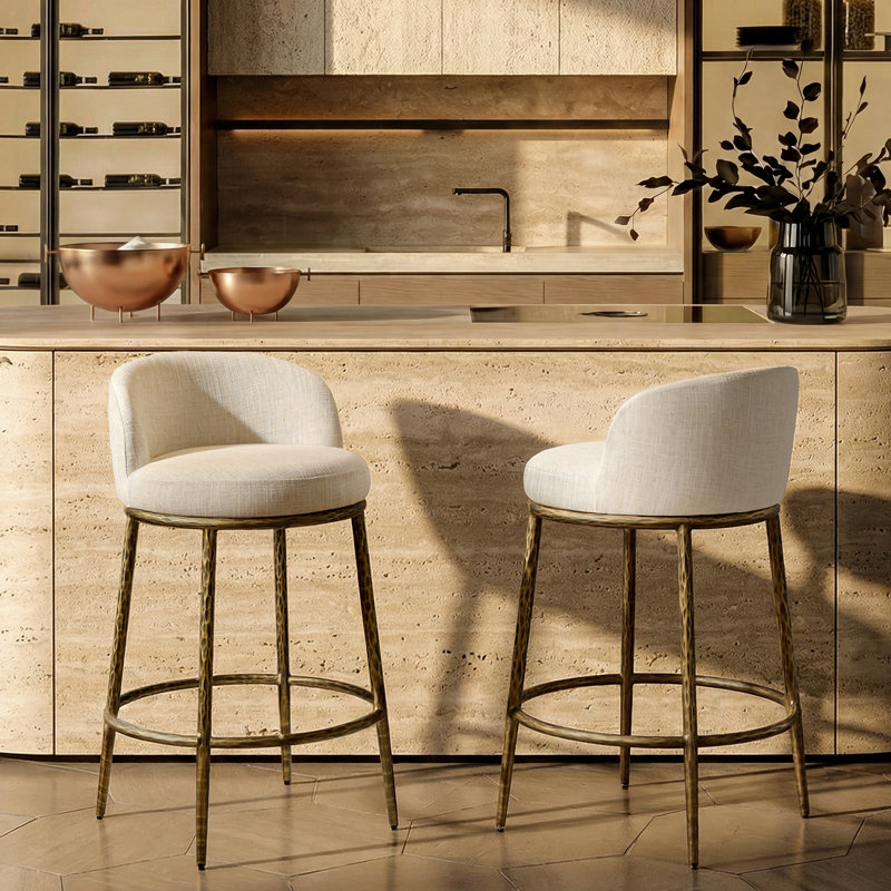 Aureon 26.5" Upholstered Counter Stool With Hammered Metal Legs & Curved Low Back For Kitchen Island, Matte Gold Hammered