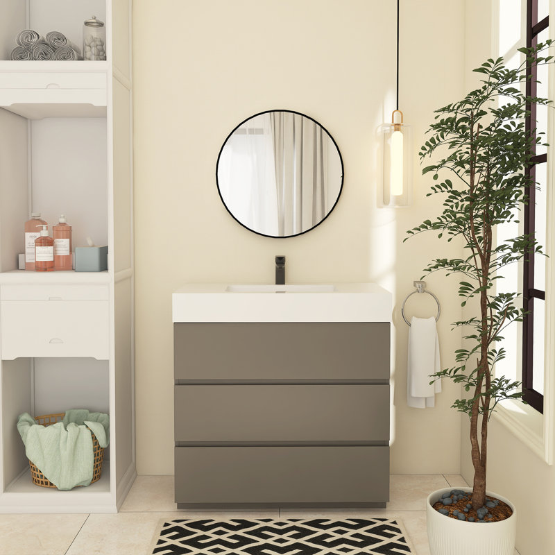 Meuble-lavabo simple Reniel, Gris, Blanc, 36"
