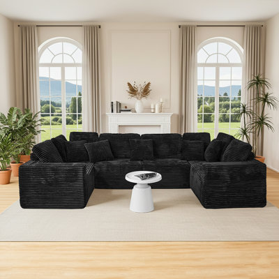 135.5''modular U-shaped Sectional Sofa, 6-seater Reversible Chaise Lounge With Striped Corduroy Fabric (black) – Flexible Layout For Living Room Or Bedroom