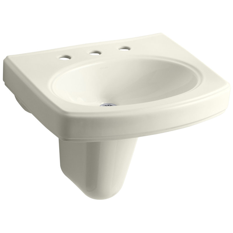 Pinoir Vitreous China U-Shaped Semi-Pedestal Bathroom Sink with Overflow, Biscuit, 8" Centers