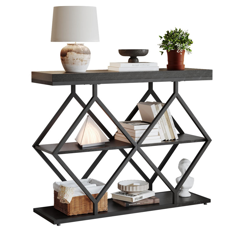 Table d'entrée de 39 pouces - Console étroite à 3 niveaux avec rangement ouvert, pieds réglables, structure en métal en forme de losange, table d'appoint industrielle pour vestibule, vestibule, couloir