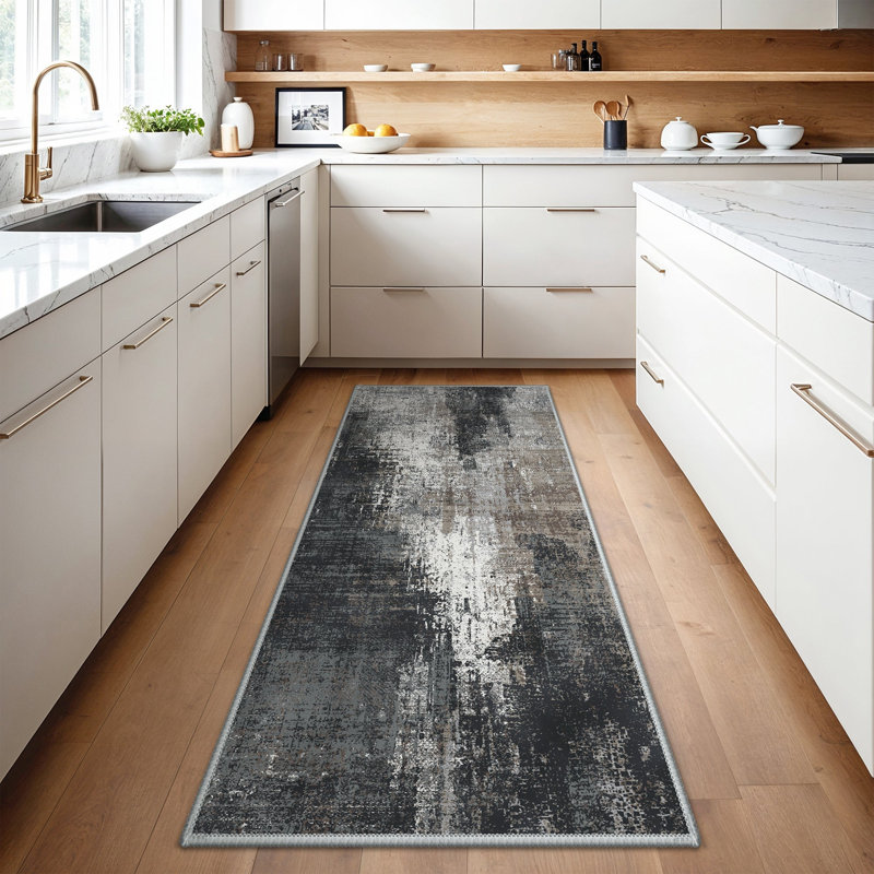 Abstract Area Rug, Rectangle 80 x 150 cm, Black/Beige
