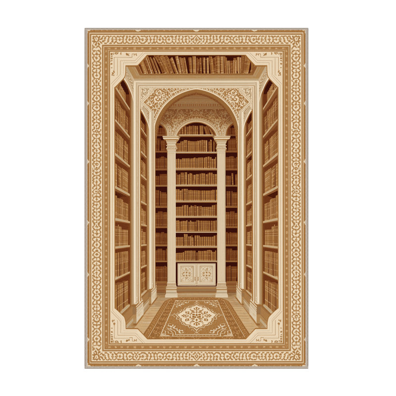 Machine Washable Pavni Library Interior Classic Oriental Rug in Brown – Beige Binding, 5x7