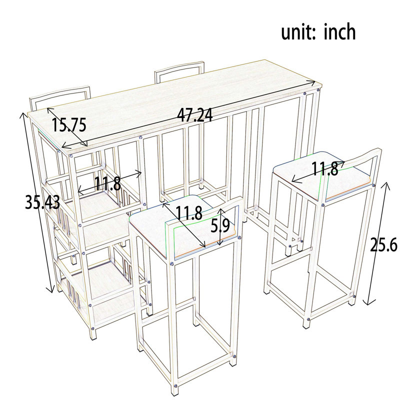 Bar Table And Chair 5 Piece Set, Frame, Multi-Layer Tabletop, Chair Cushion And Backrest Made Of Sponge, Table With Storage Function