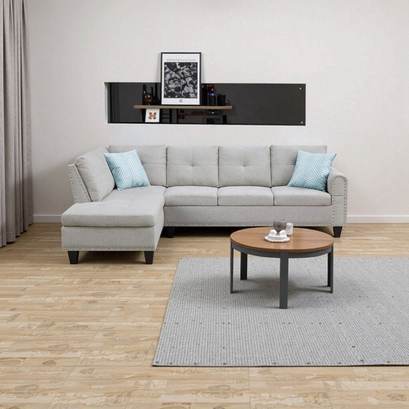 L-Shaped 4-Seater Sectional with Pull-Down Console & Ottoman Storage​, Light Grey