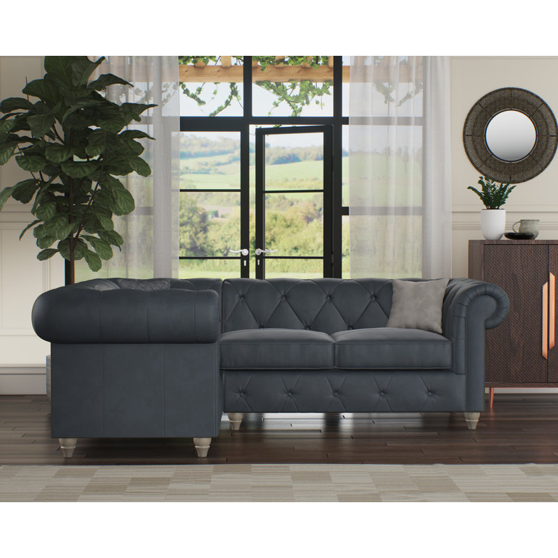 Melrose 3 Seater Leather Corner Sofa , Left Hand Facing, Navy, Washed Oak