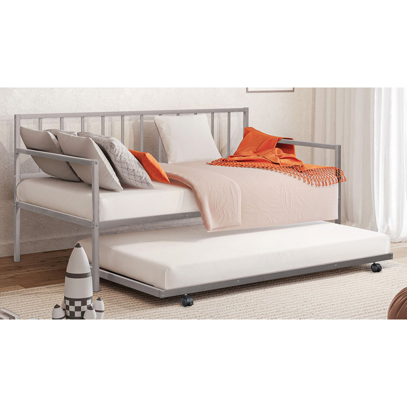 1Pc Metal Daybed With Trundle Metal Structure Mattress Ready, Silver
