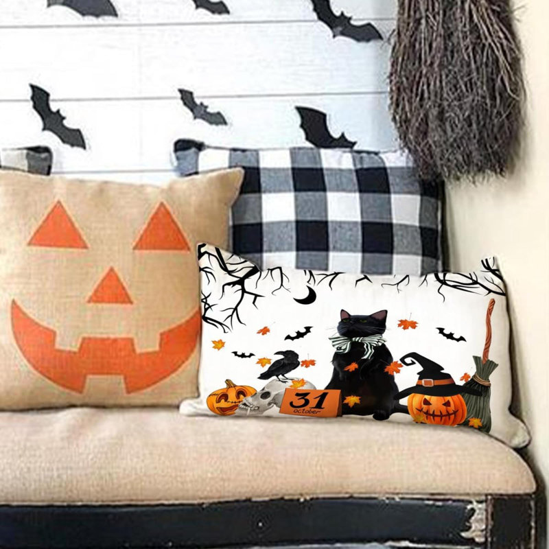 Housse de coussin d'Halloween, chat noir, citrouille, aquarelle, Halloween, couvre-oreiller lombaire, décorations pour l'extérieur